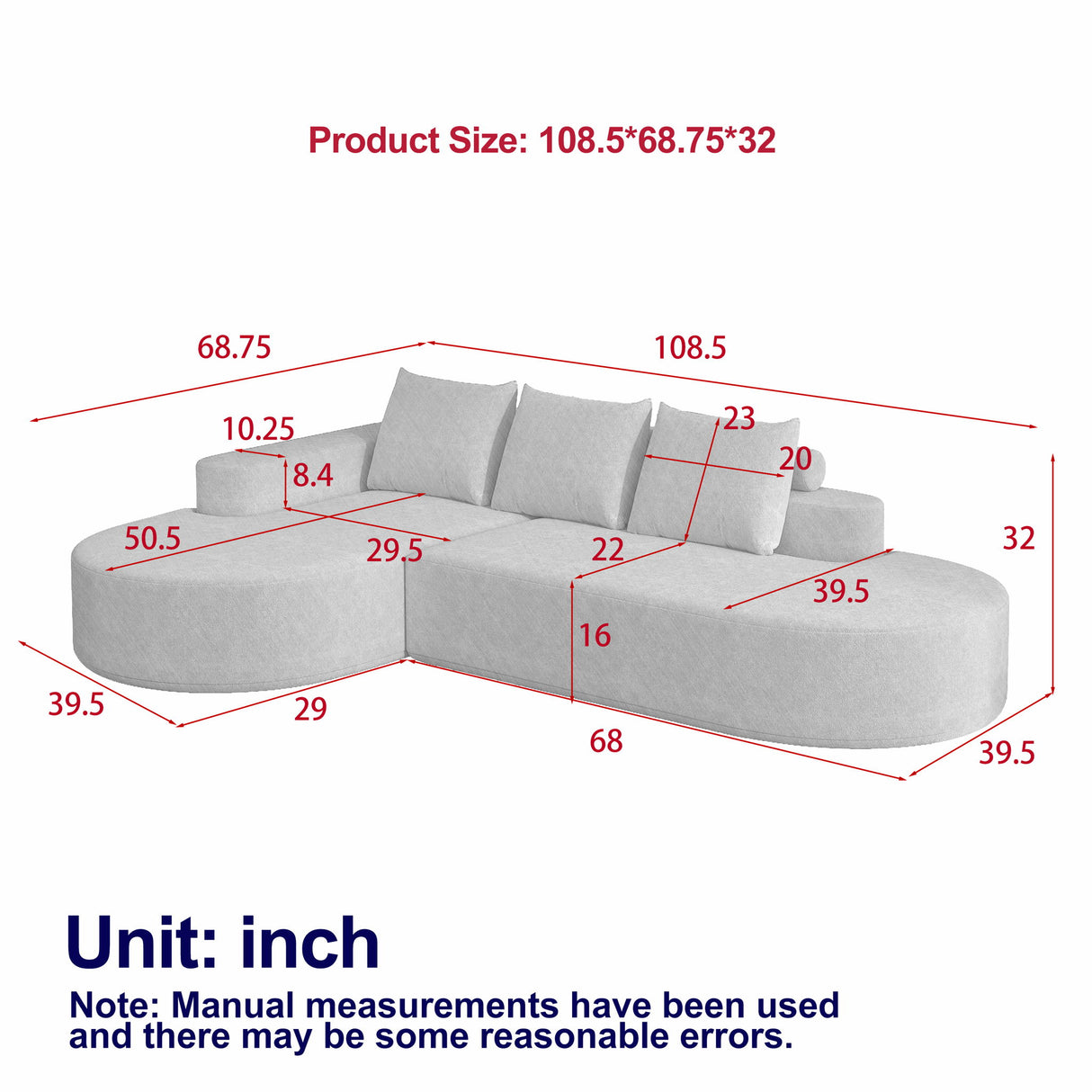 Modern Curved Sofa, L-Shaped Modular Sectional Set With 3 Pillows