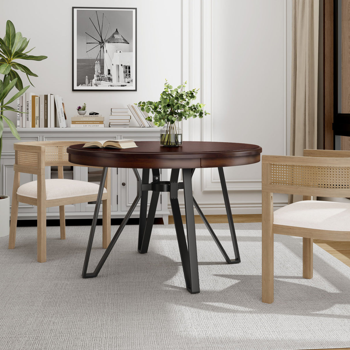 Mid Century Modern Round Dining Table With Metal Legs And Open Shelf