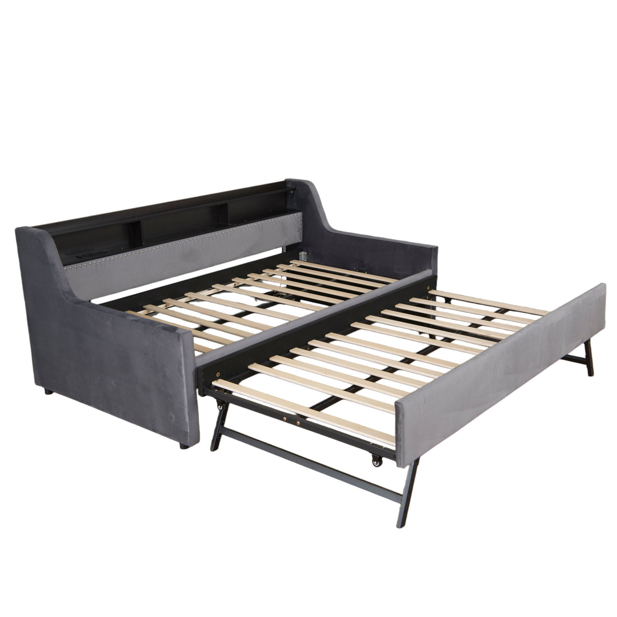 Twin Size Daybed With Trundle With LED Light & Charging Station - Dark Gray