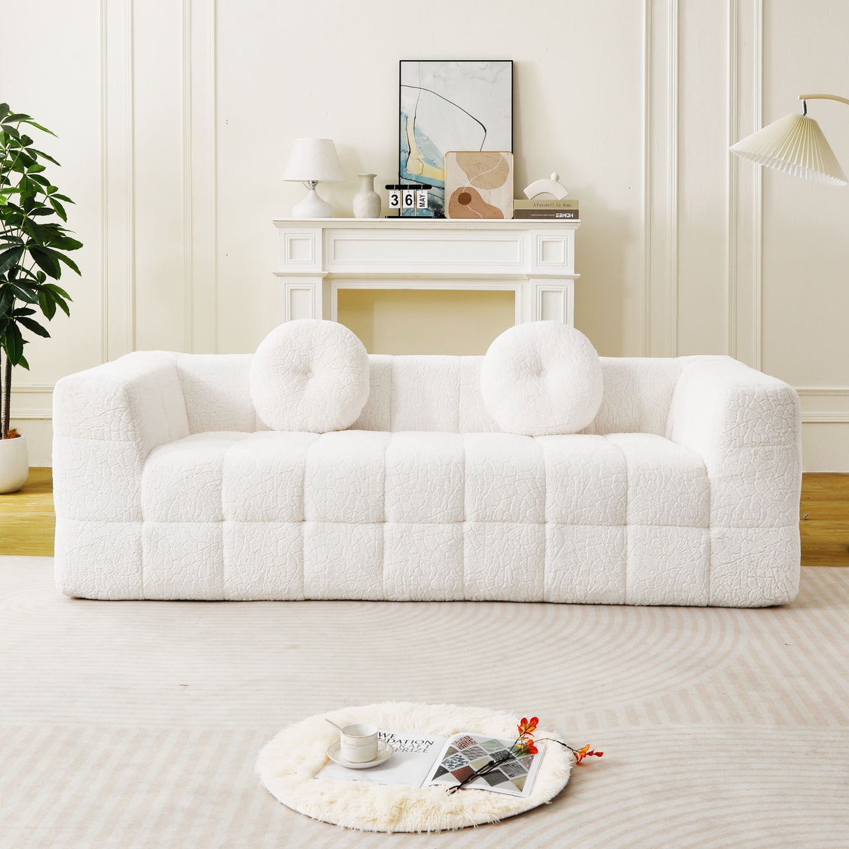 Boneless 3 Seater Sofa With Circular Throw Pillows - Beige