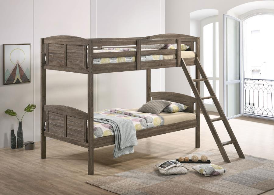 Flynn Wood Twin Over Twin Bunk Bed with Mattress Weathered Brown - 400808-SM
