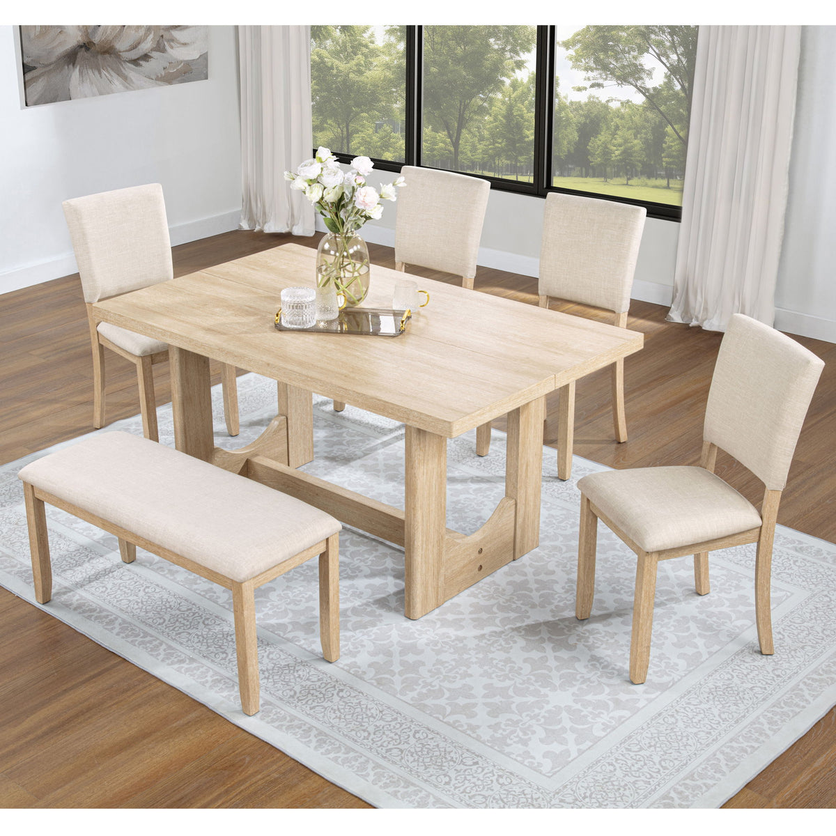 Dining Table Set, Rectangular Kitchen Table With Upholstered Chairs, U - Shaped Frame
