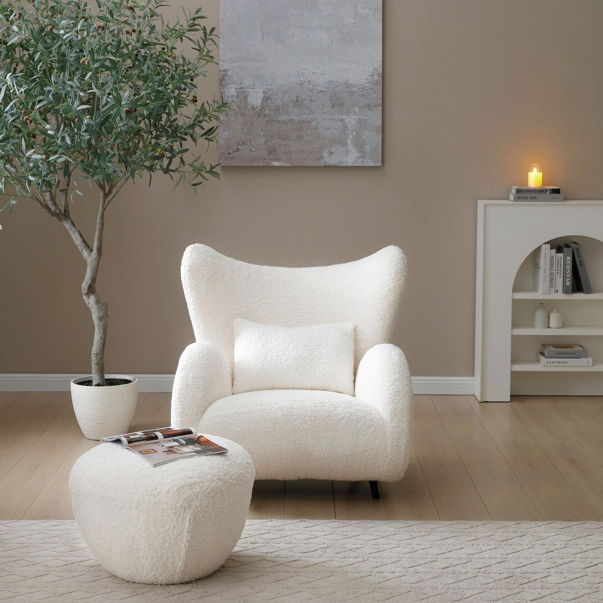 Wingback Armchair & Ottoman Combo For Living Room - White