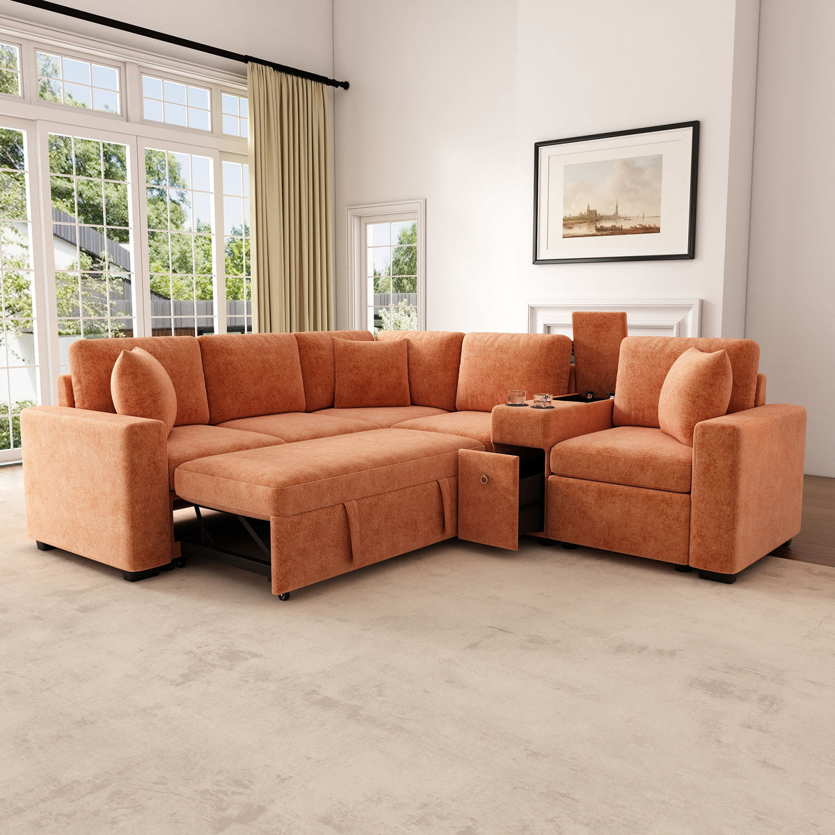 Modular L-Shaped Sectional Sofa Bed With Pull-Out Sleeper, Cup Holders, And Storage