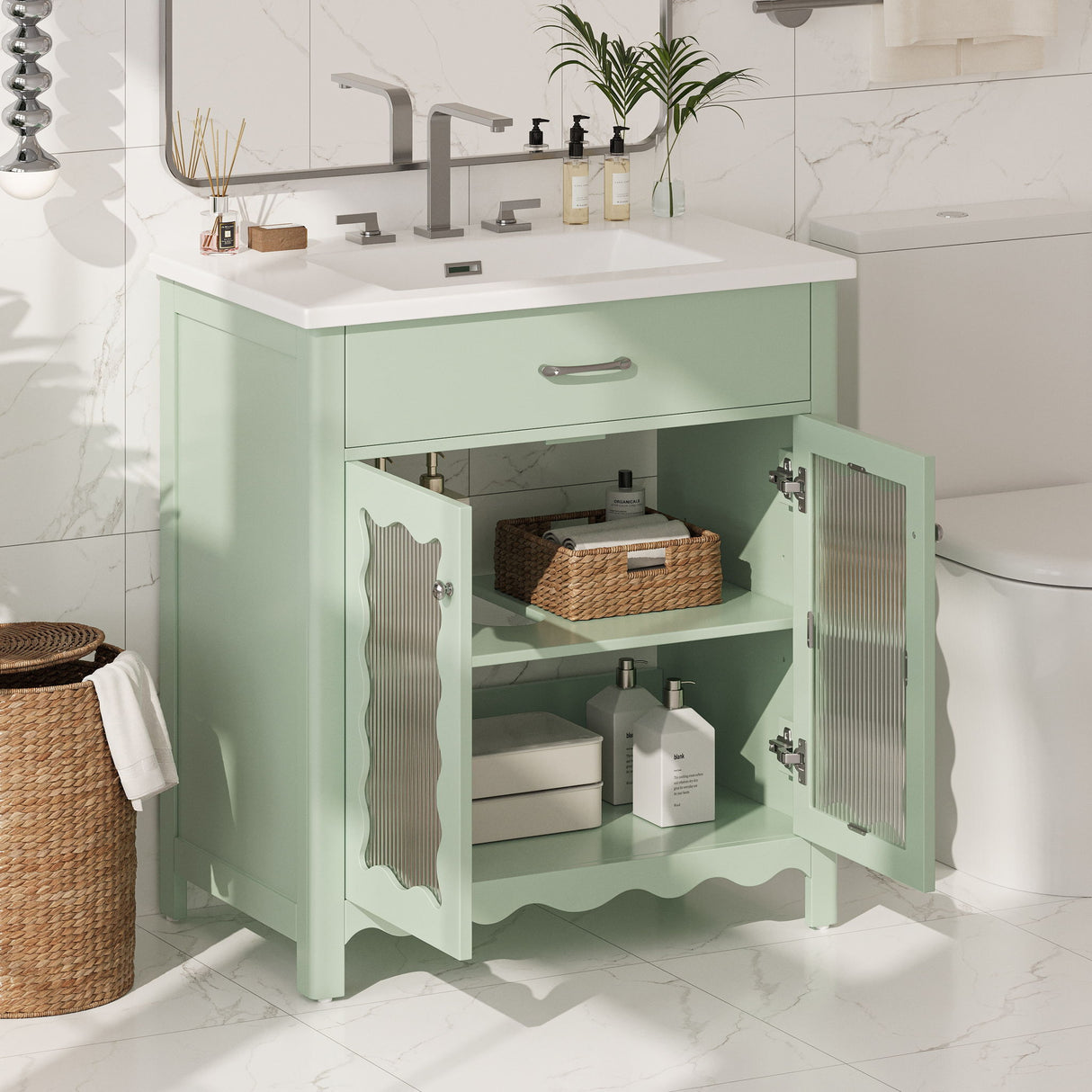 Bathroom Vanity With Glass Doors, Soft Close Hinges - Green