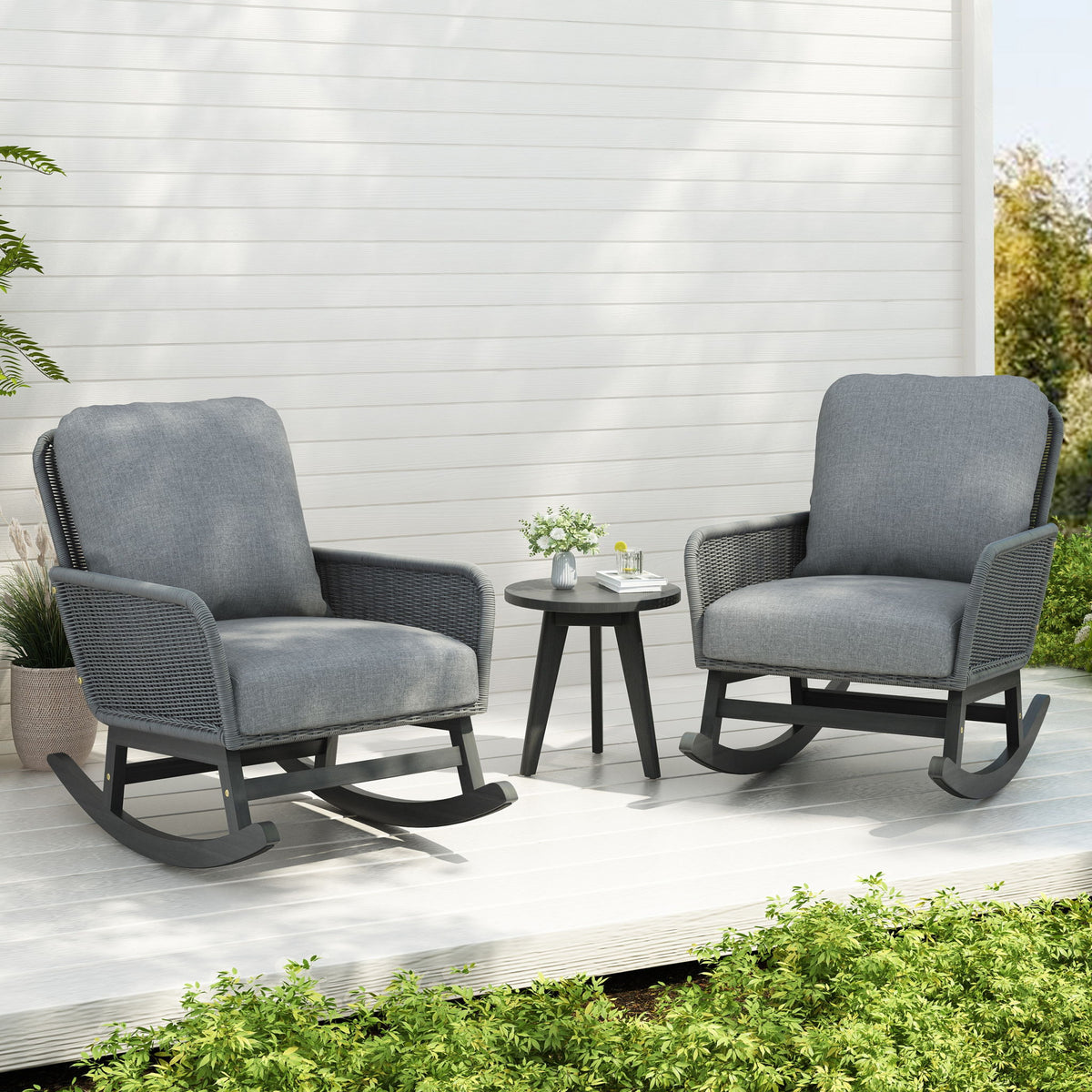 Modern 3 Piece Outdoor Seating Set With Cushioned Rattan Rocking Chairs And Wooden Accent Table