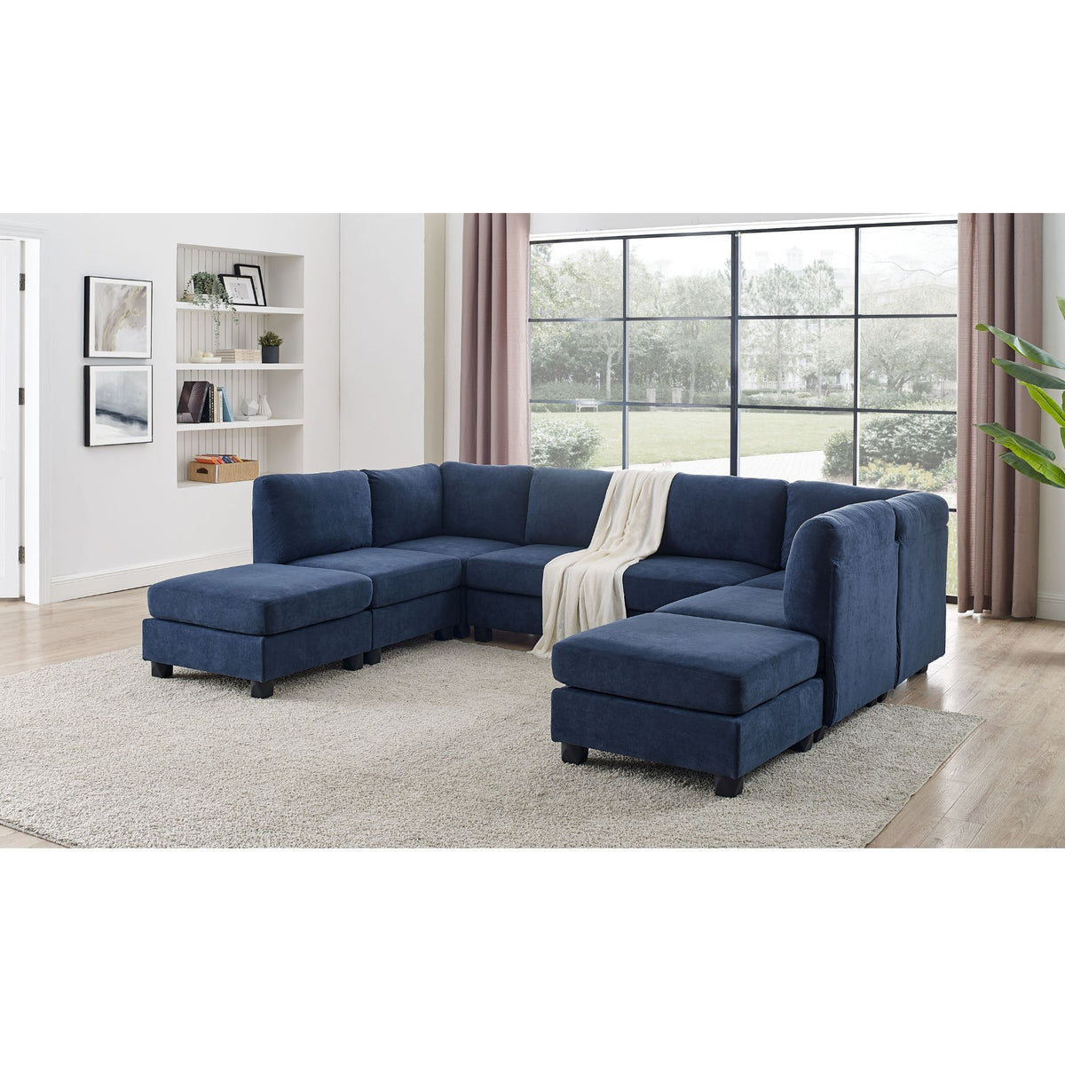 Upholstered Modular Sectional & Customizable Layout, Removable Cushions - Dark Blue