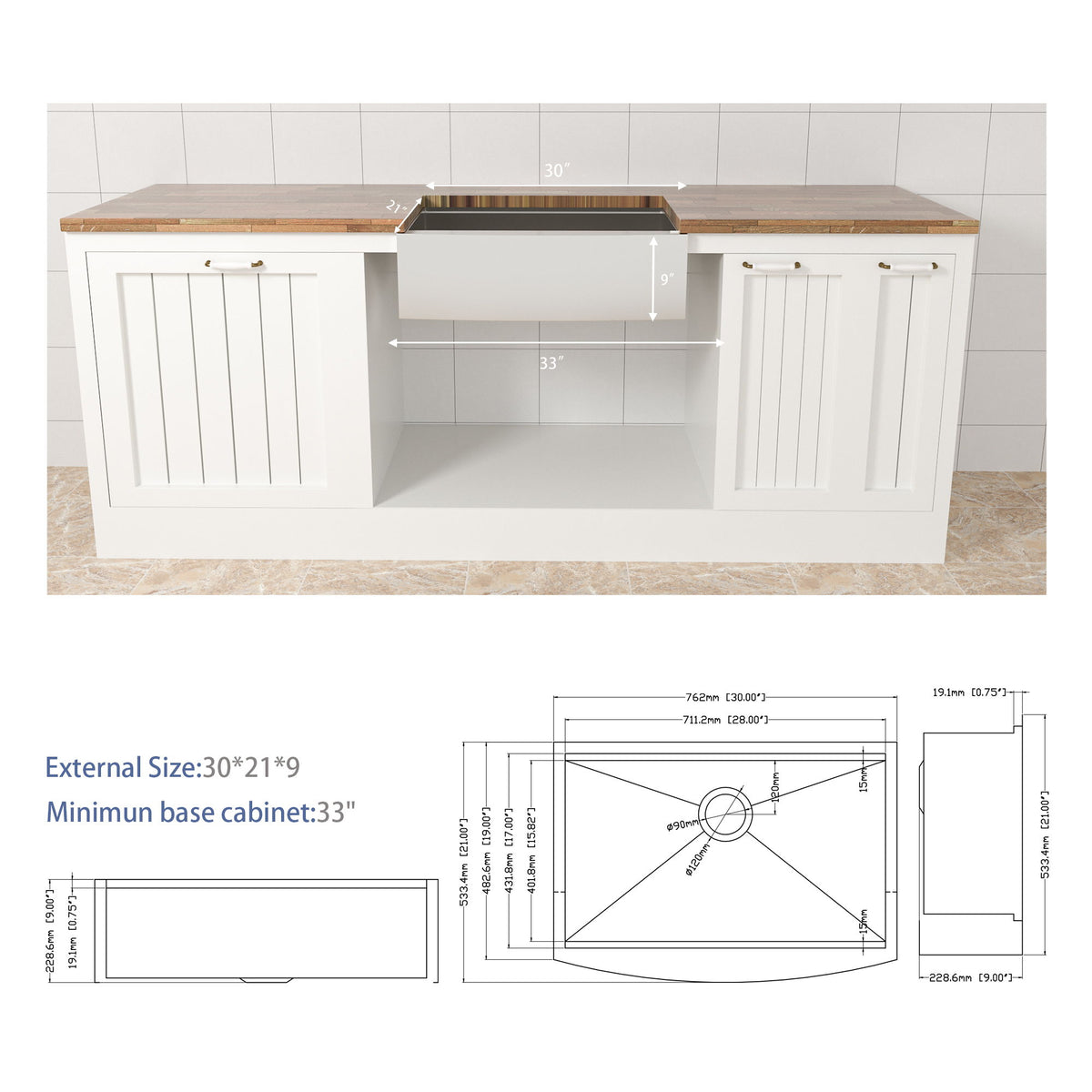 Classic Ceramic Farmhouse Sink Workstation Single Bowl With Durable Finish