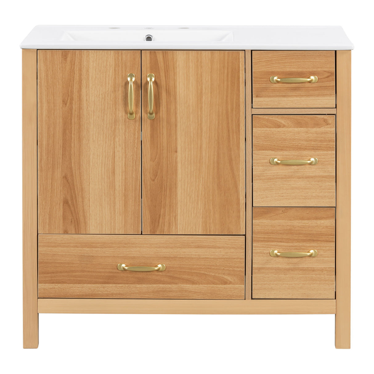 36" Bathroom Vanity, 2 Soft Close Doors, 4 Soft Close Drawers, Adjustable Shelf, Storage Cabinet - Acacia Wood