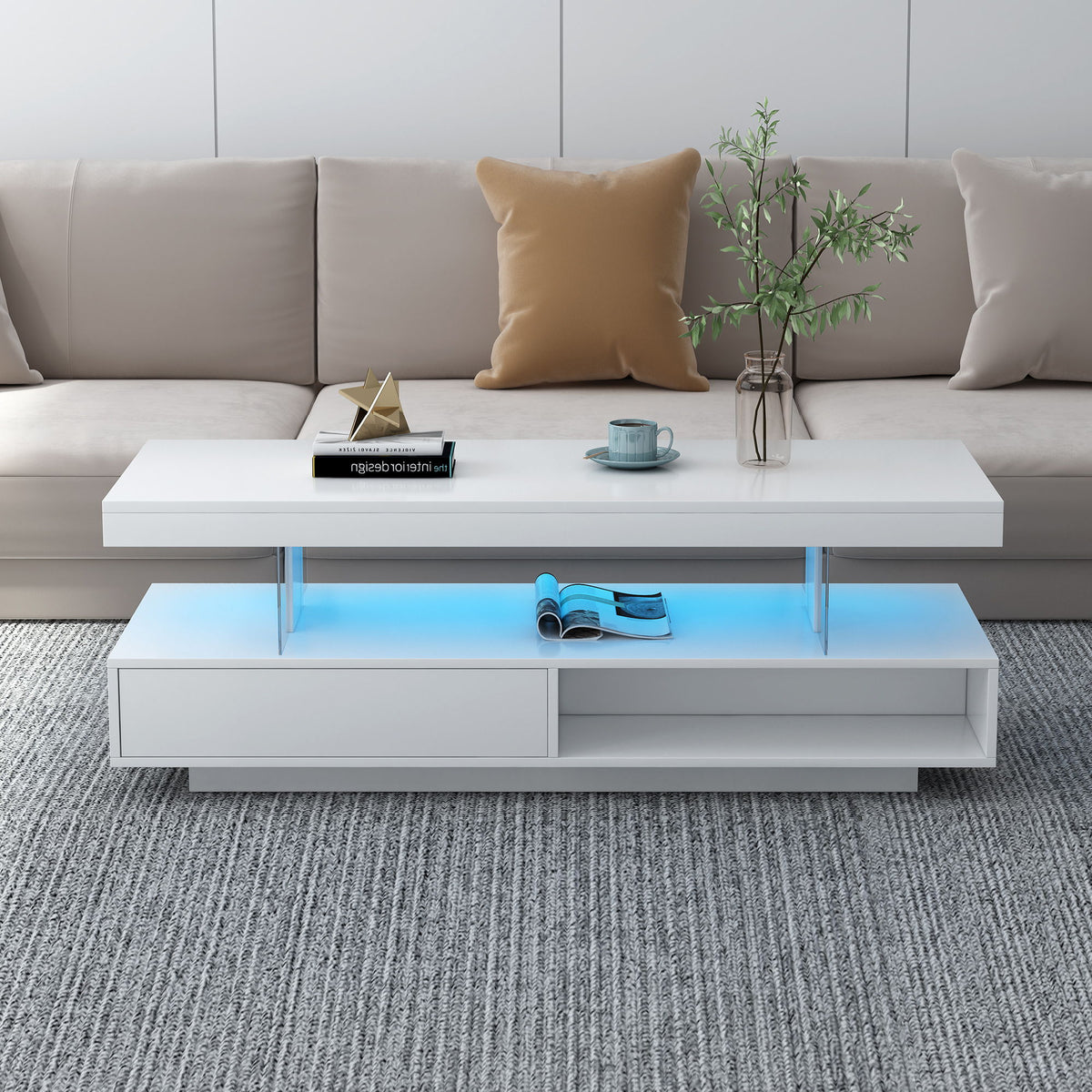 LED Coffee Table With 2 Drawers And Display Shelves