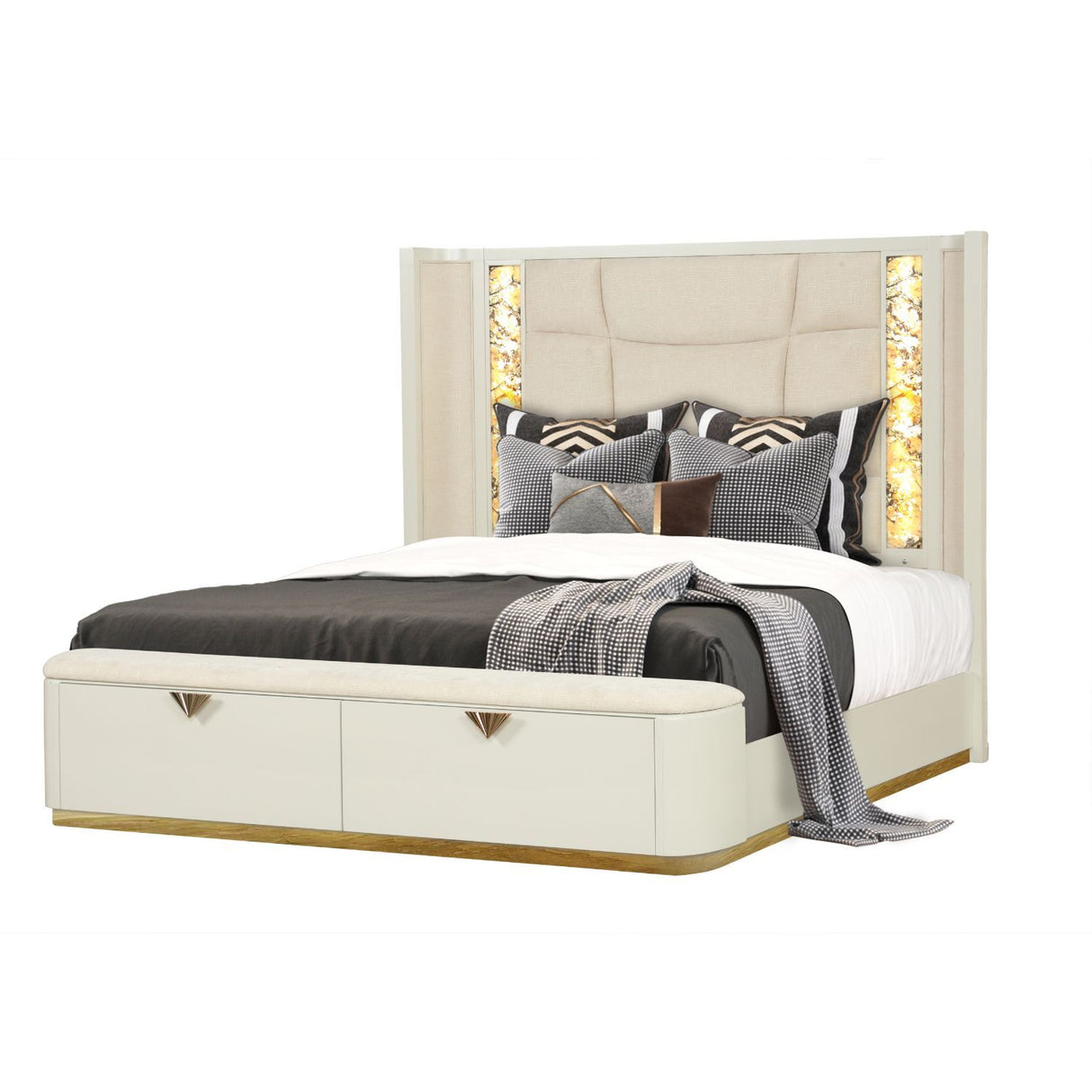 La Pierre - King Bed With Storage Drawers And LED Headboard - Beige