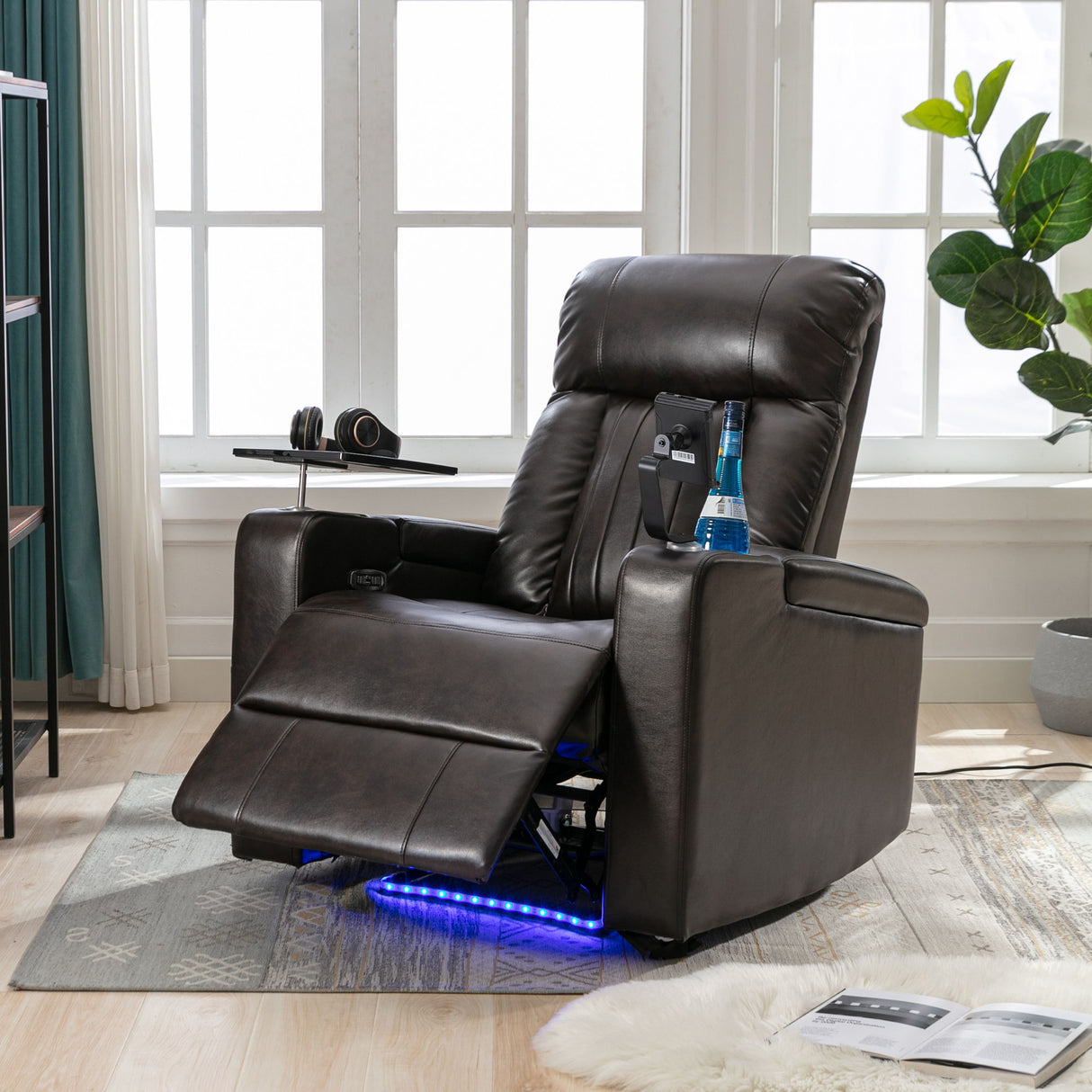 Power Recliner With Storage Arms, Cupholders, Swivel Tray Table And Cell Phone Stand - Brown