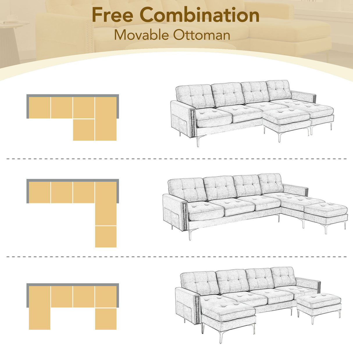 Modern L - Shape Convertible Sectional Sofa With Movable Ottoman