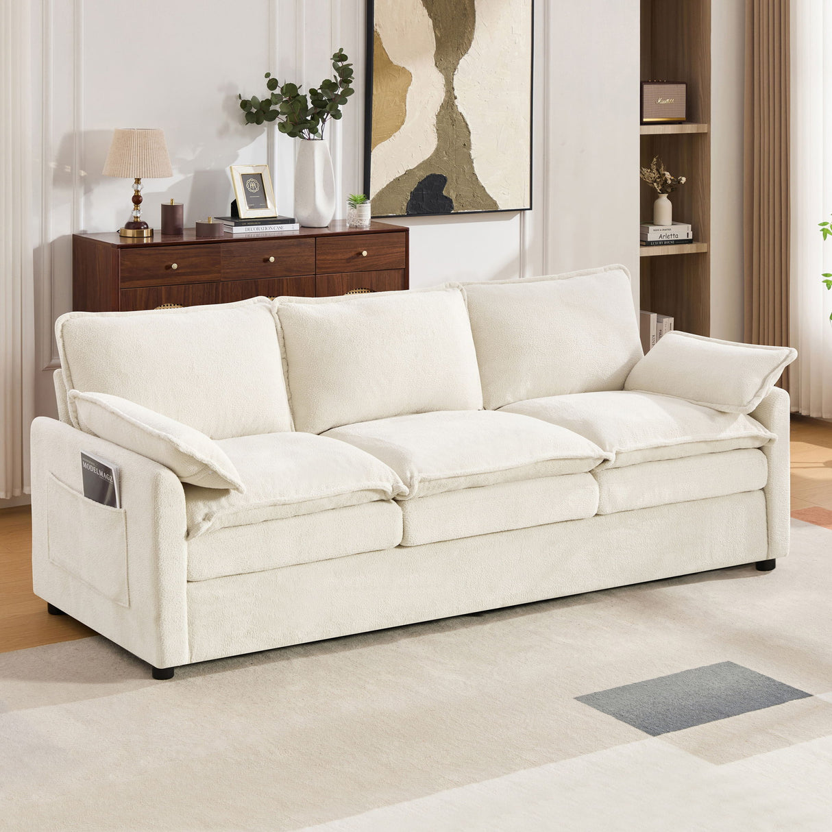 Modern 3 Seater Sofa With Side Storage Pockets For Living Room