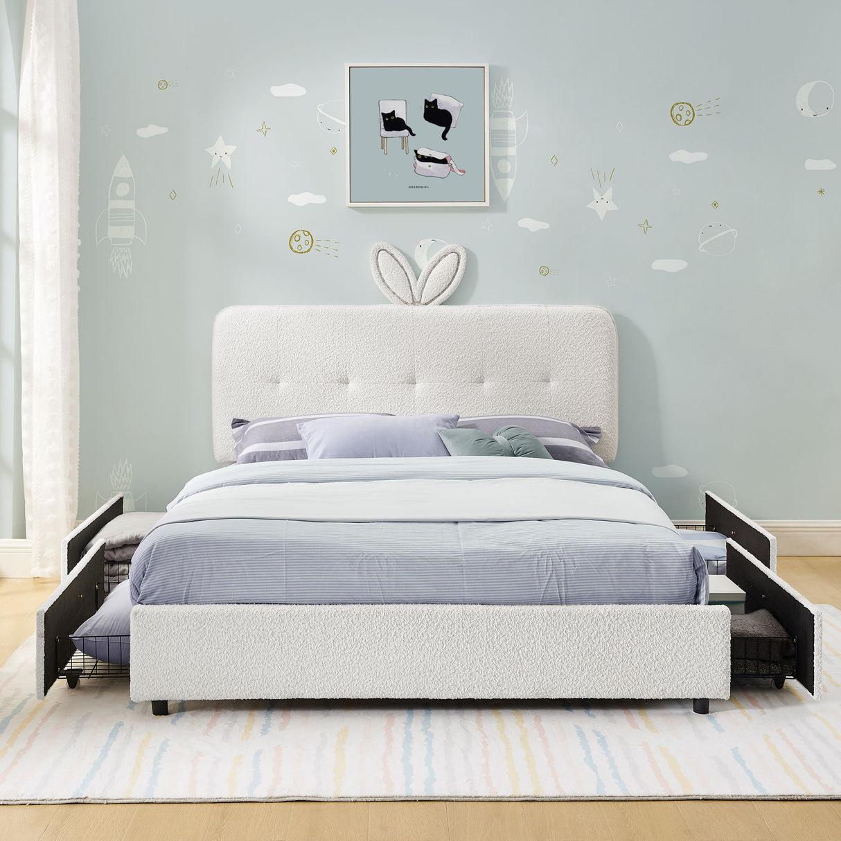 Upholstered Bed With Oversized Rabbit Ear Headboard, LED Lights & 4 Storage Drawers