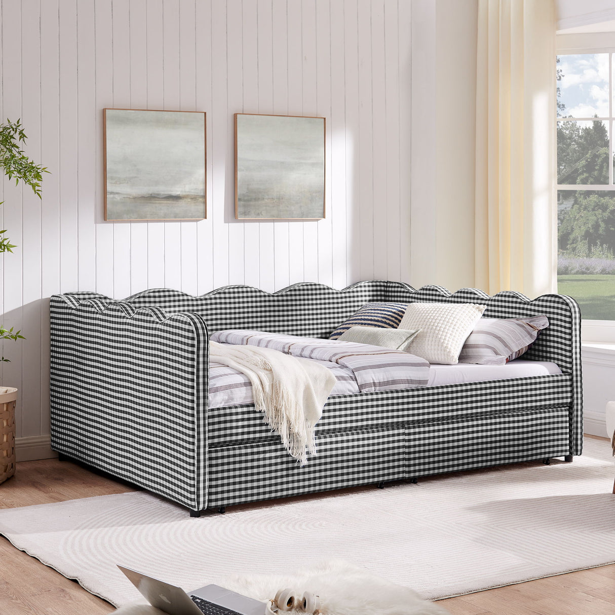 Gingham Daybed & USB Charging Port, Wave Shaped Design