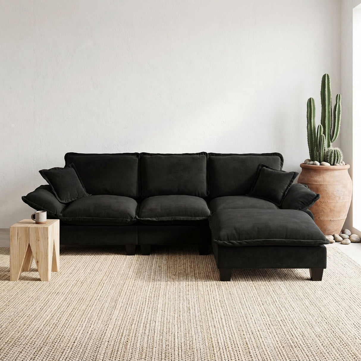 L-Shape Cloud Sofa With 1 Movable Ottoman & 2 Pillows, Ideal For Living Room - Black