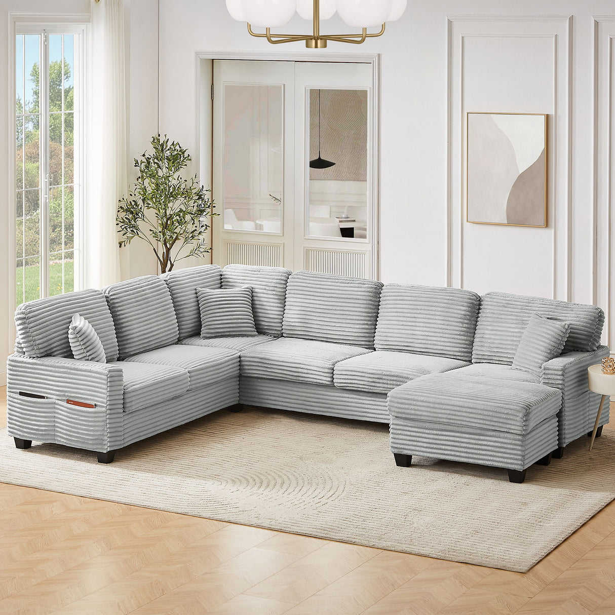 Upholstered U-Shaped Sectional Sofa With Movable Ottoman And Side Storage Pockets
