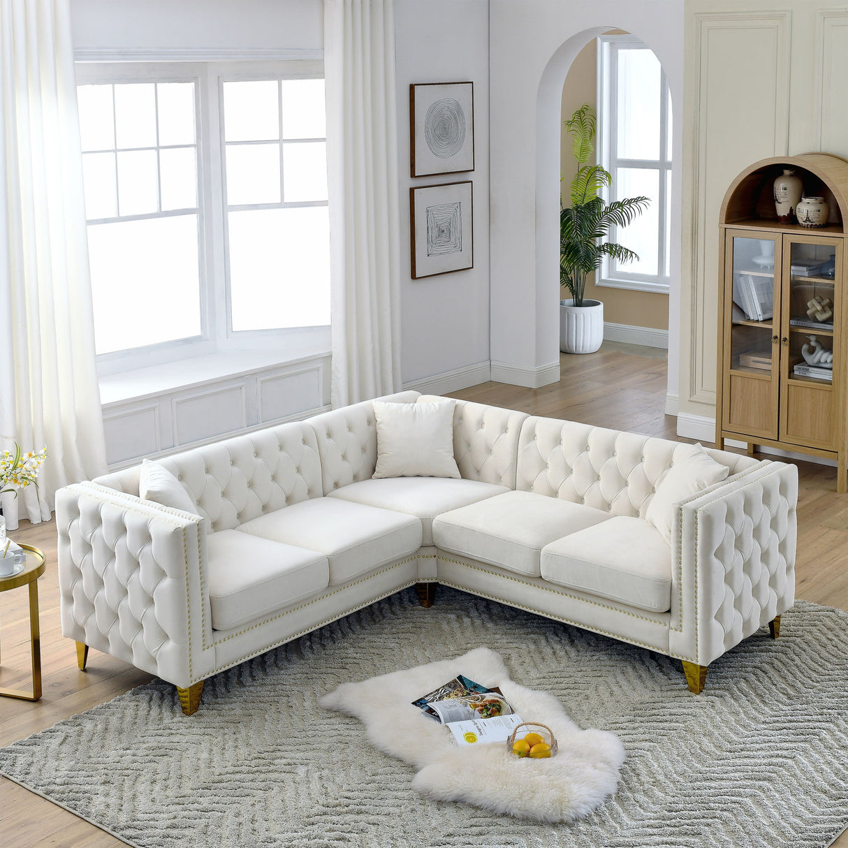 L-Shaped Corner Sofa, 5 Seater Sectional With Tufted Design