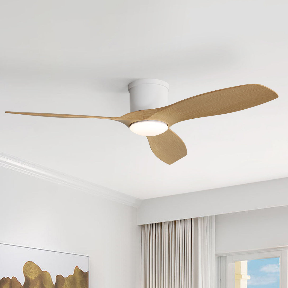 Flush Mount Ceiling Fan With Dimmable LED Light, 3 Blades, Reversible DC Motor Blades For Living Room