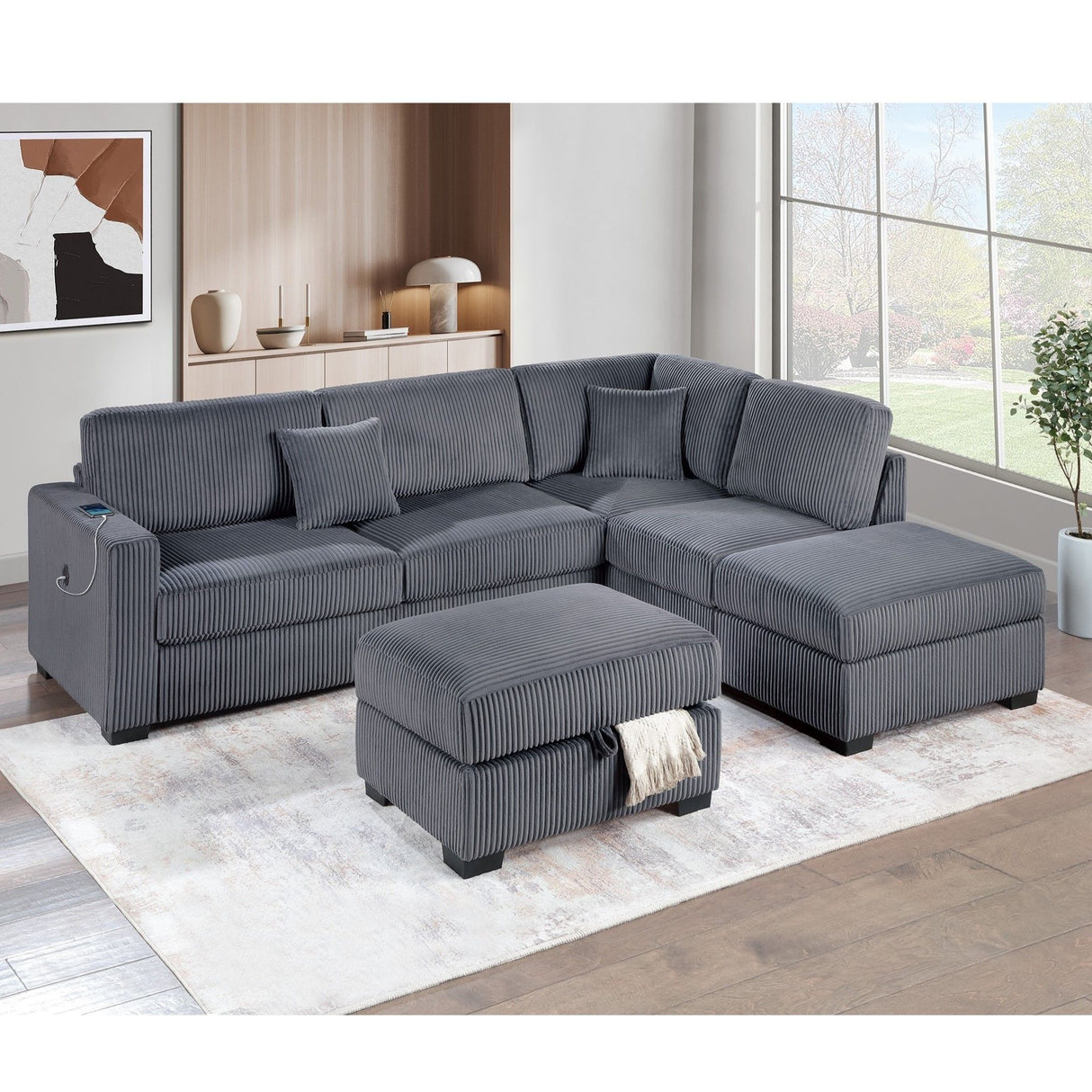 3 Piece Sectional Sofa With Reversible Chaise And USB Storage Ottoman