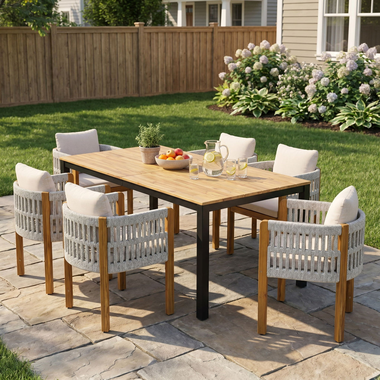 7 Piece Outdoor Dining Set With Table And Chairs - Beige / Teak / White