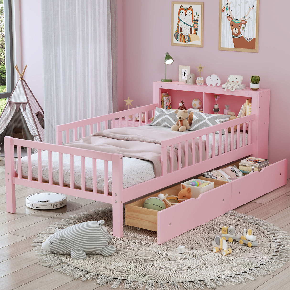 Bed With Headboard Storage Rack, 2 Under Bed Drawers, 3 Side Guardrails For Safety