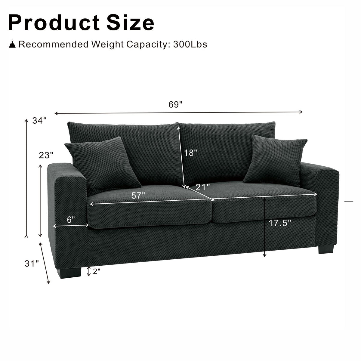2 Seater Sofa, 2 Throw Pillows For Living Room