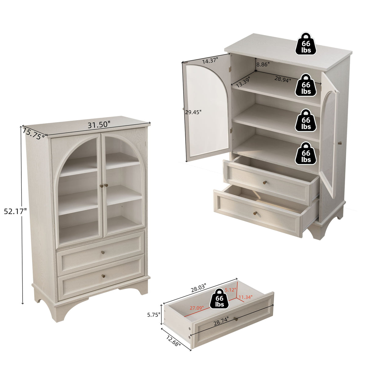 Glass Door Display Case With 2 Drawers And Adjustable Shelf
