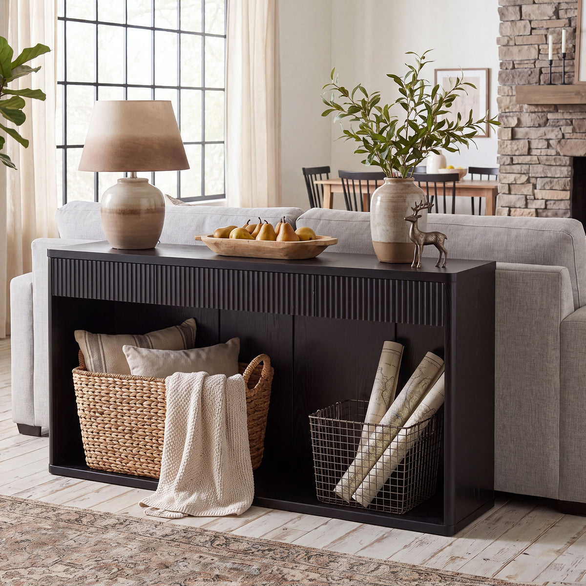 Fluted Console Table With 3 Drawers, Long Sofa Table Behind Couch For Living Room
