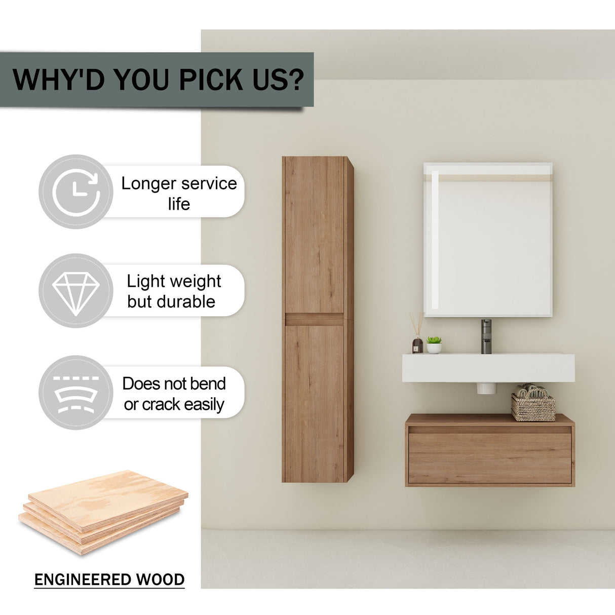 Modern Wall Mounted 30 Inch Bathroom Vanity With Resin Sink And 2 Side Cabinet - Imitative Oak