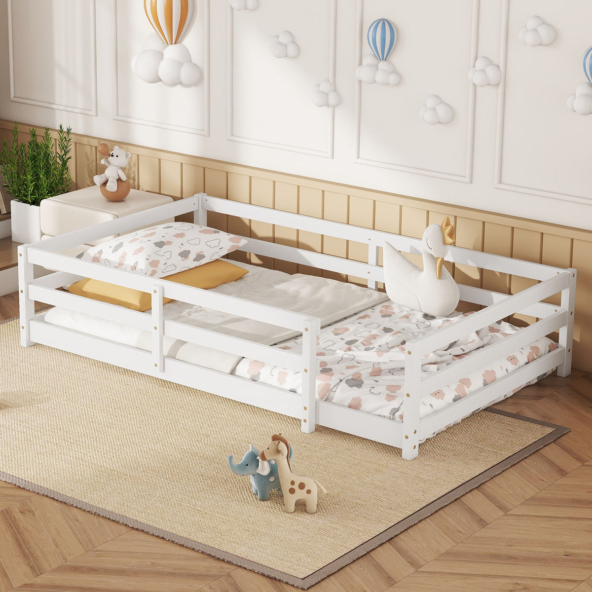Twin Size Montessori Floor Bed With Fence - White