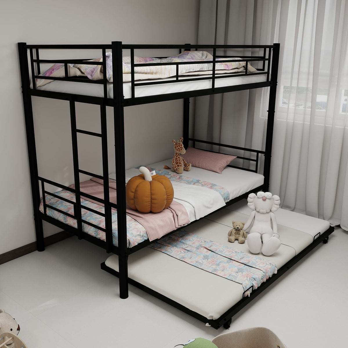 Metal Bunk Bed For Kids, Convertible Bedframe With Ladders & Guardrail
