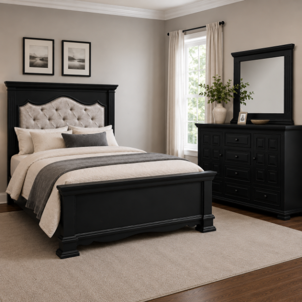 Z Castle Black Padded Queen Bed, Dresser, & Mirror - CASTQHBP+CASTQFBP+CASTQRSP+CASTLEMR+CASTLEDR