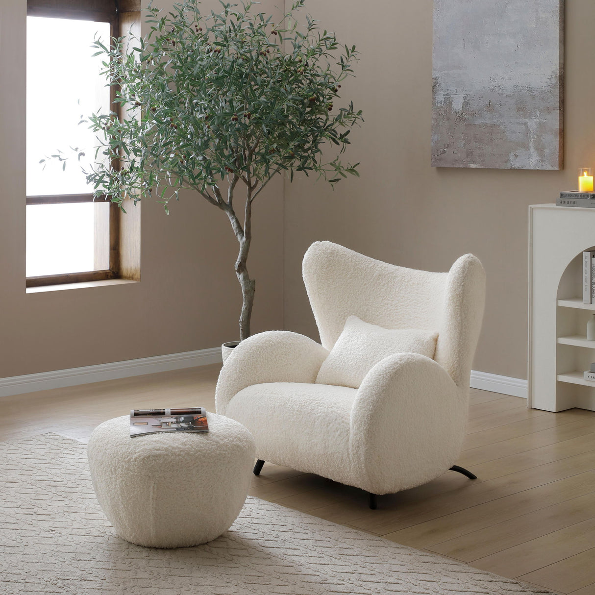 Wingback Armchair & Ottoman Combo For Living Room - White