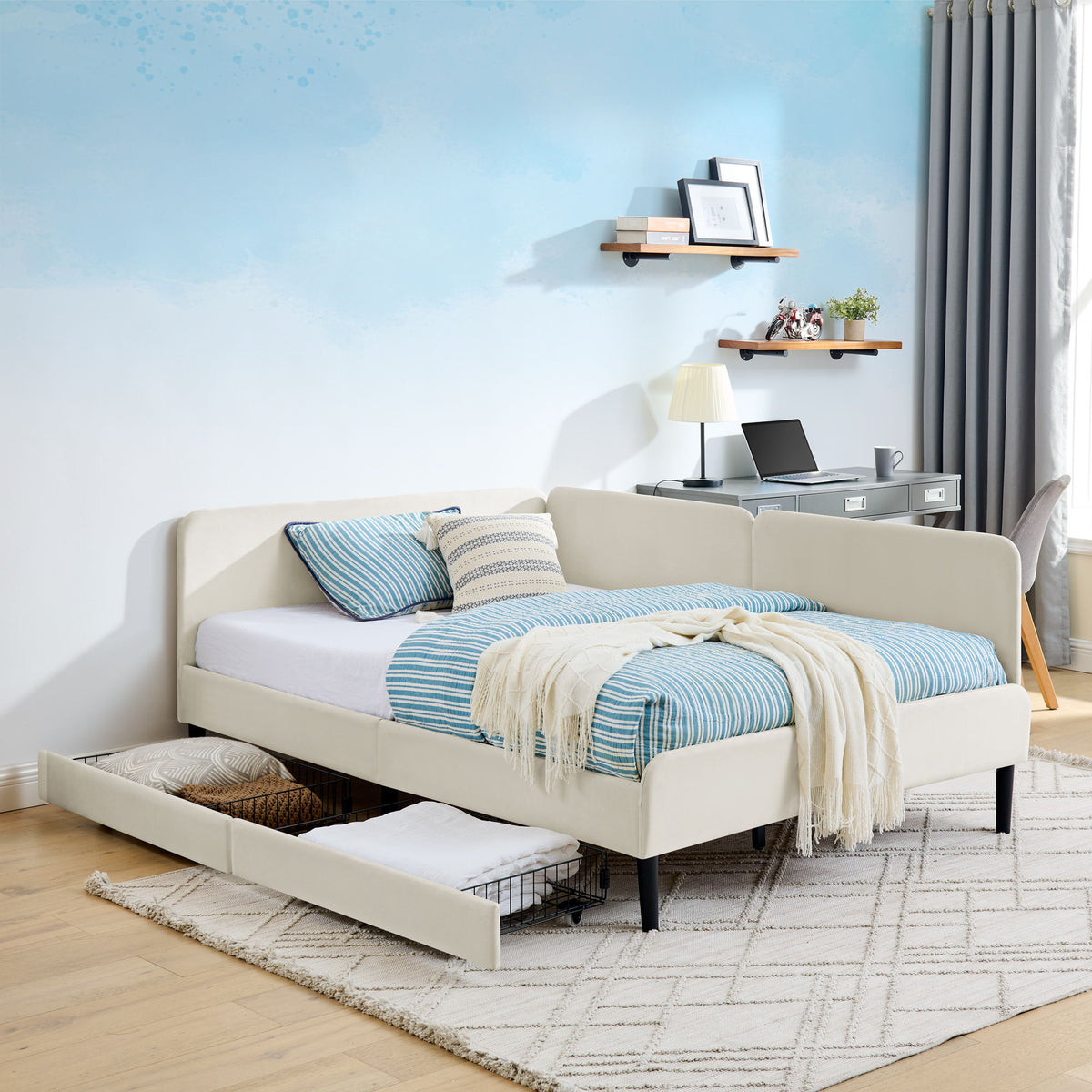 Upholstered Platform Bed Frame With 2 Storage Drawers And Adjustable Sofa Bed