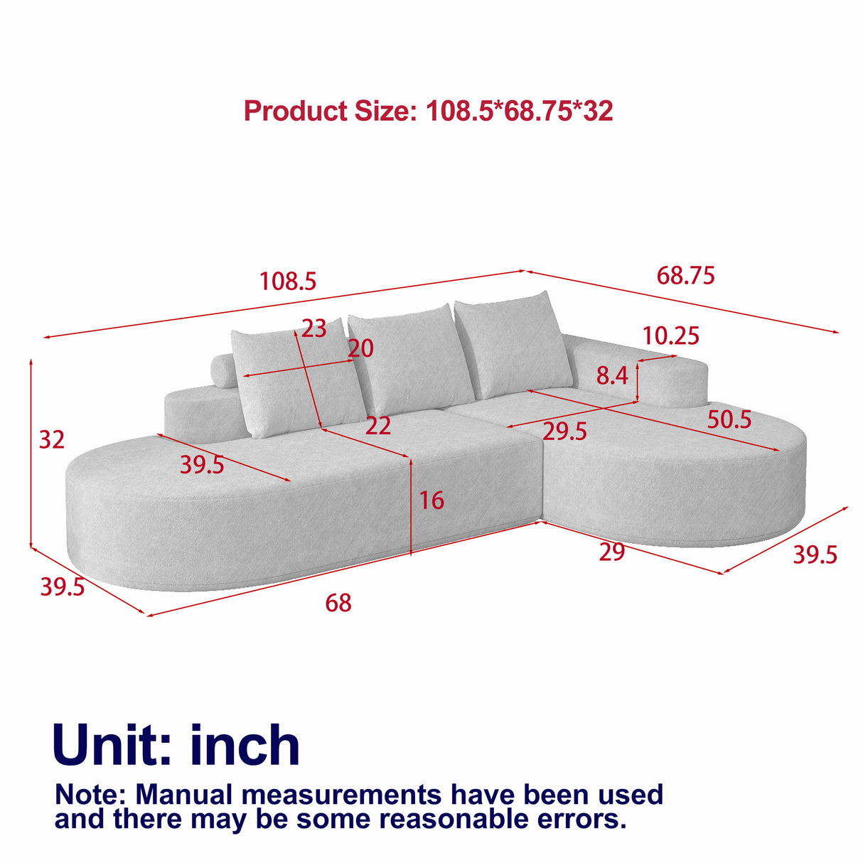 Modern Curved Sofa, L-Shaped Modular Sectional Set With 3 Pillows