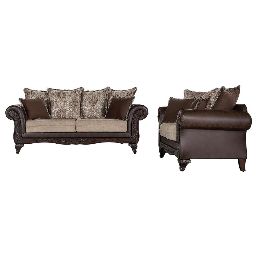 Elmbrook 2-piece Upholstered Rolled Arm Sofa Set Brown - 508571-S2
