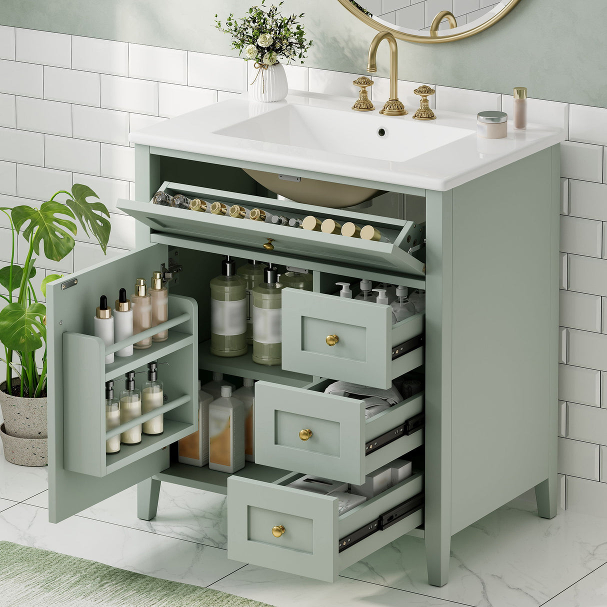 Bathroom Vanity With Sink, 3 Drawers And Adjustable Shelf