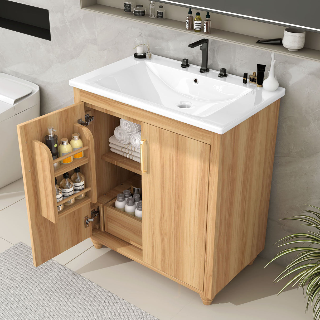 30" Bathroom Vanity With Sink, Cabinet With Doors And Drawer, Rectangular Shape - Natural