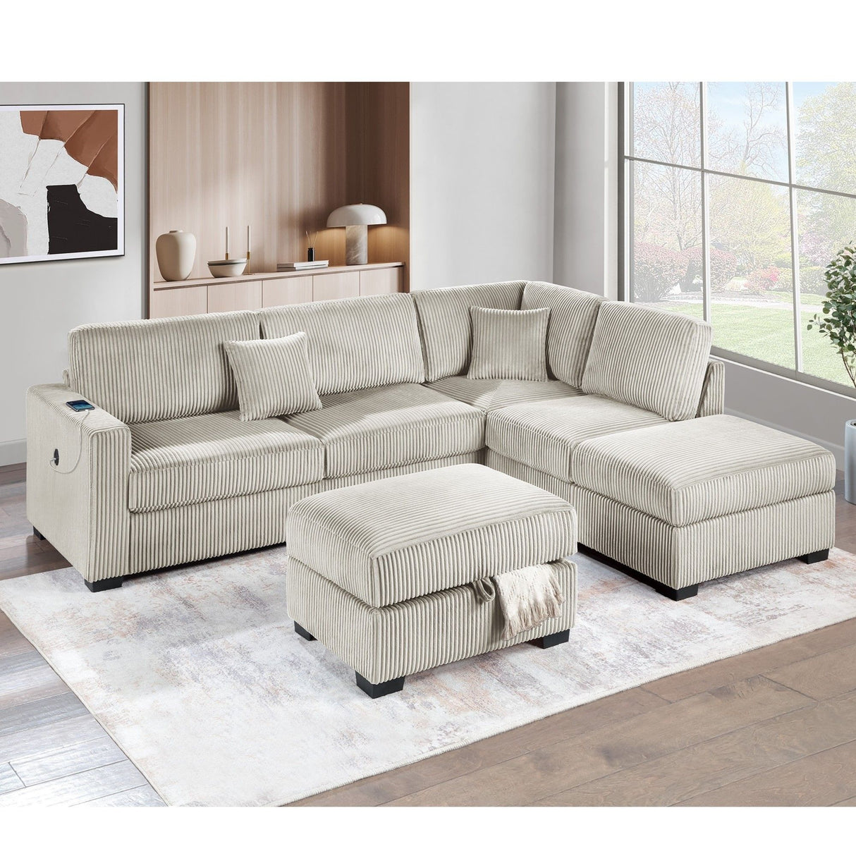 3 Piece Sectional Sofa With Reversible Chaise And USB Storage Ottoman