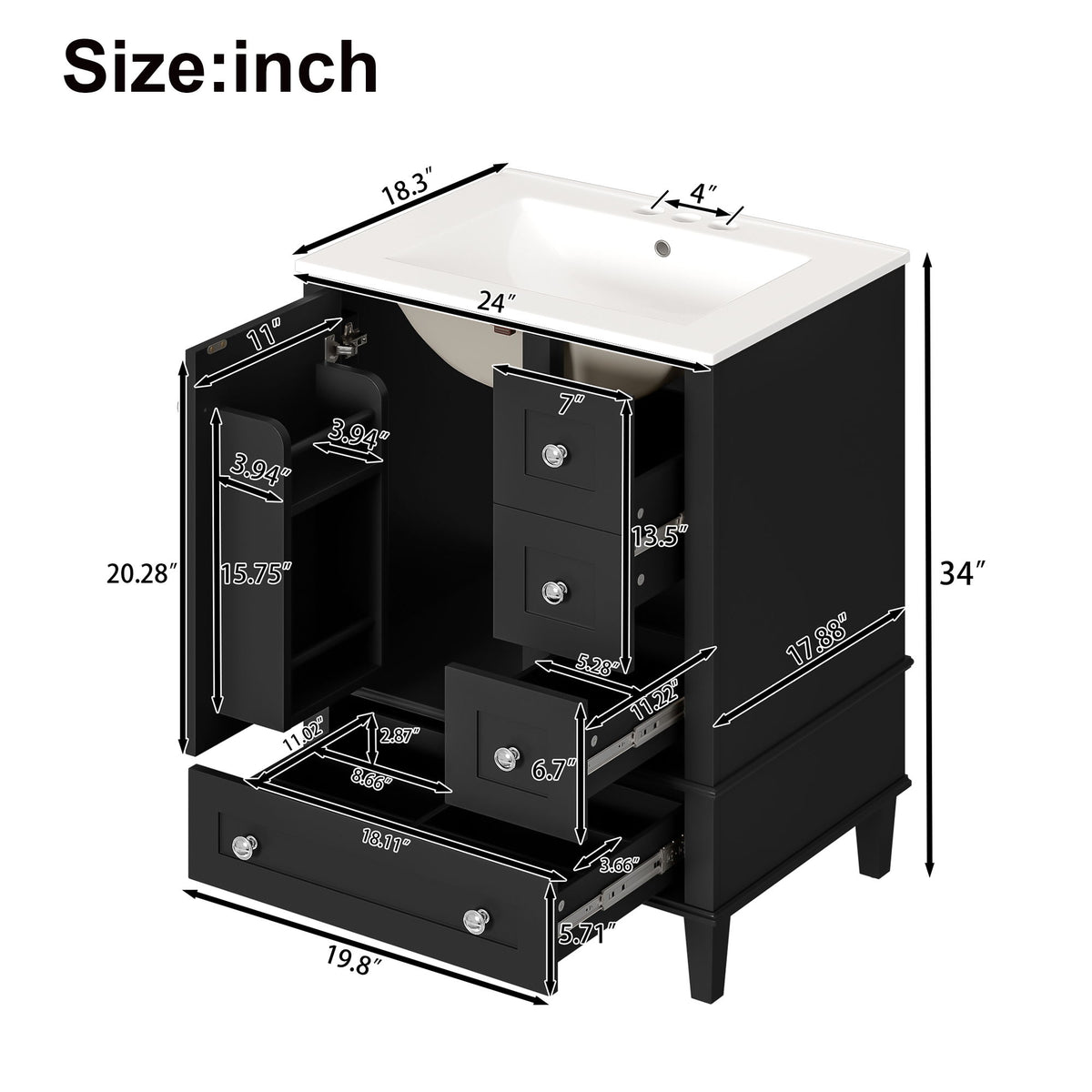 Bathroom Vanity With Integrated Basin, Soft Close Drawers, Door Mounted Double Layer Shelf