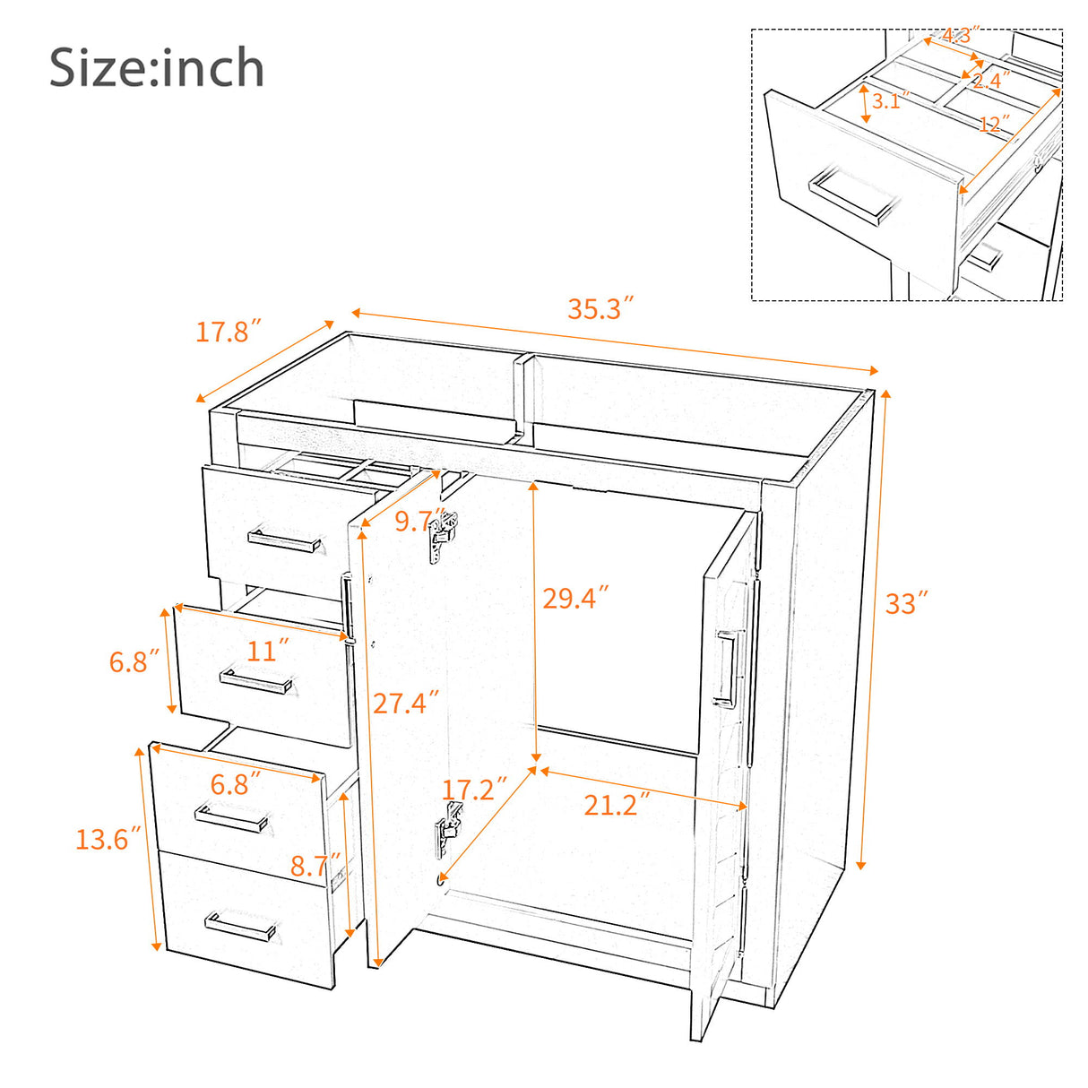 Retro Style Bathroom Vanity, 3 Drawers & Soft Closing Doors