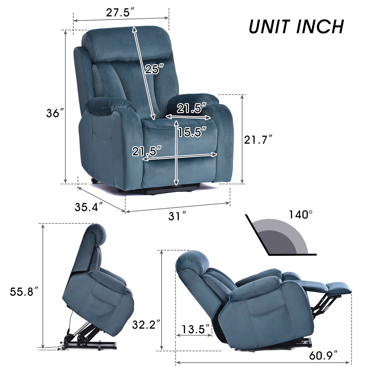 Power Lift Chair Recliner With Remote Control, Electric Reclining Sofa, Fabric Power Recliner For Living Room - Navy Blue