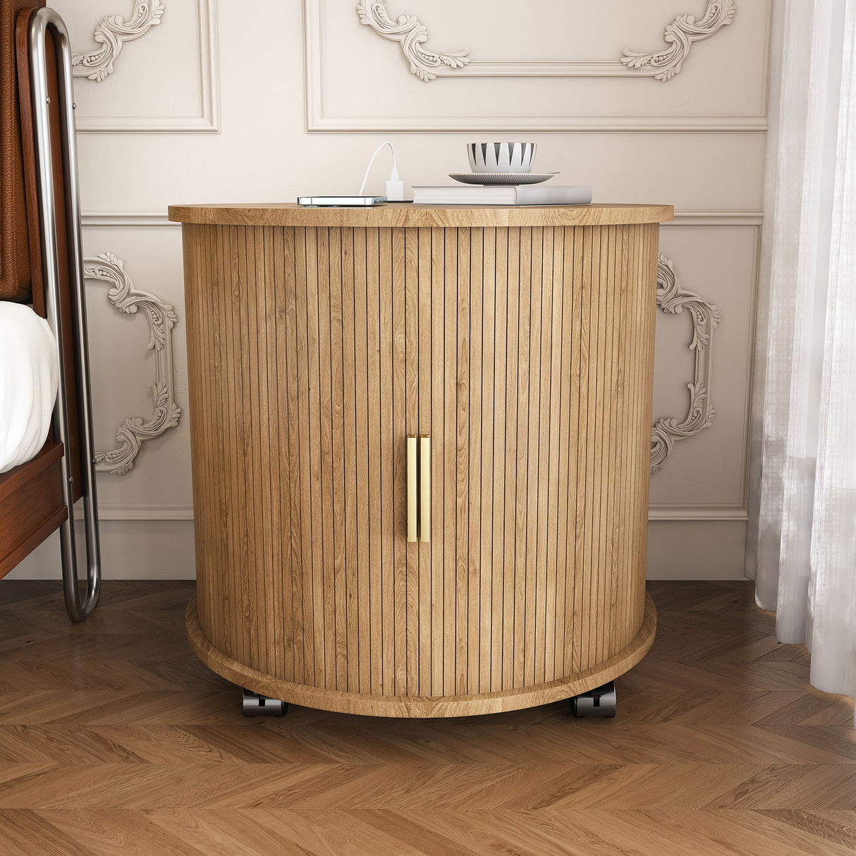 Cylinder Nightstand With Charging Station & Sliding Door