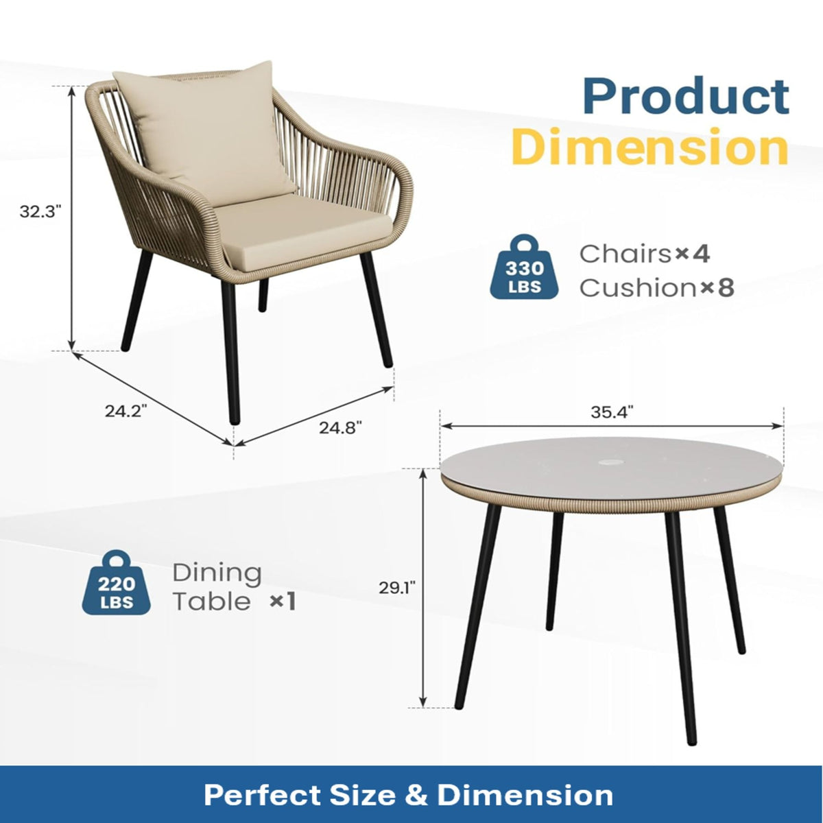 All Weather Twisted Rattan Patio Dining Set With Table And Cushions - Beige / Brown