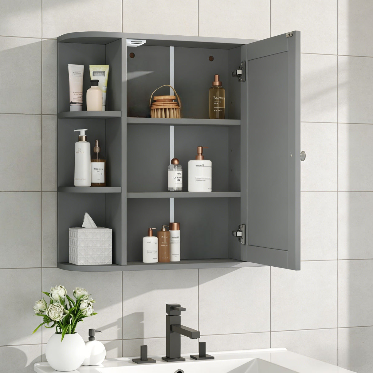 Bathroom Wall Storage Cabinet With Mirror And Adjustable Shelf, 6 Open Shelves