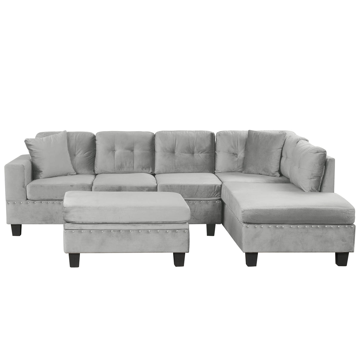 Modern Sectional Sofa With Storage Ottoman, L - Shape Couch With 2 Pillows And Cup Holders