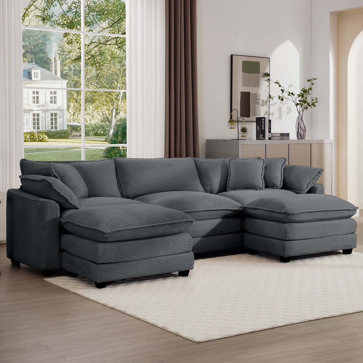 Modular Oversized Cushion Sofa With Ottoman, Low Back, Deep Seating Sofa Set