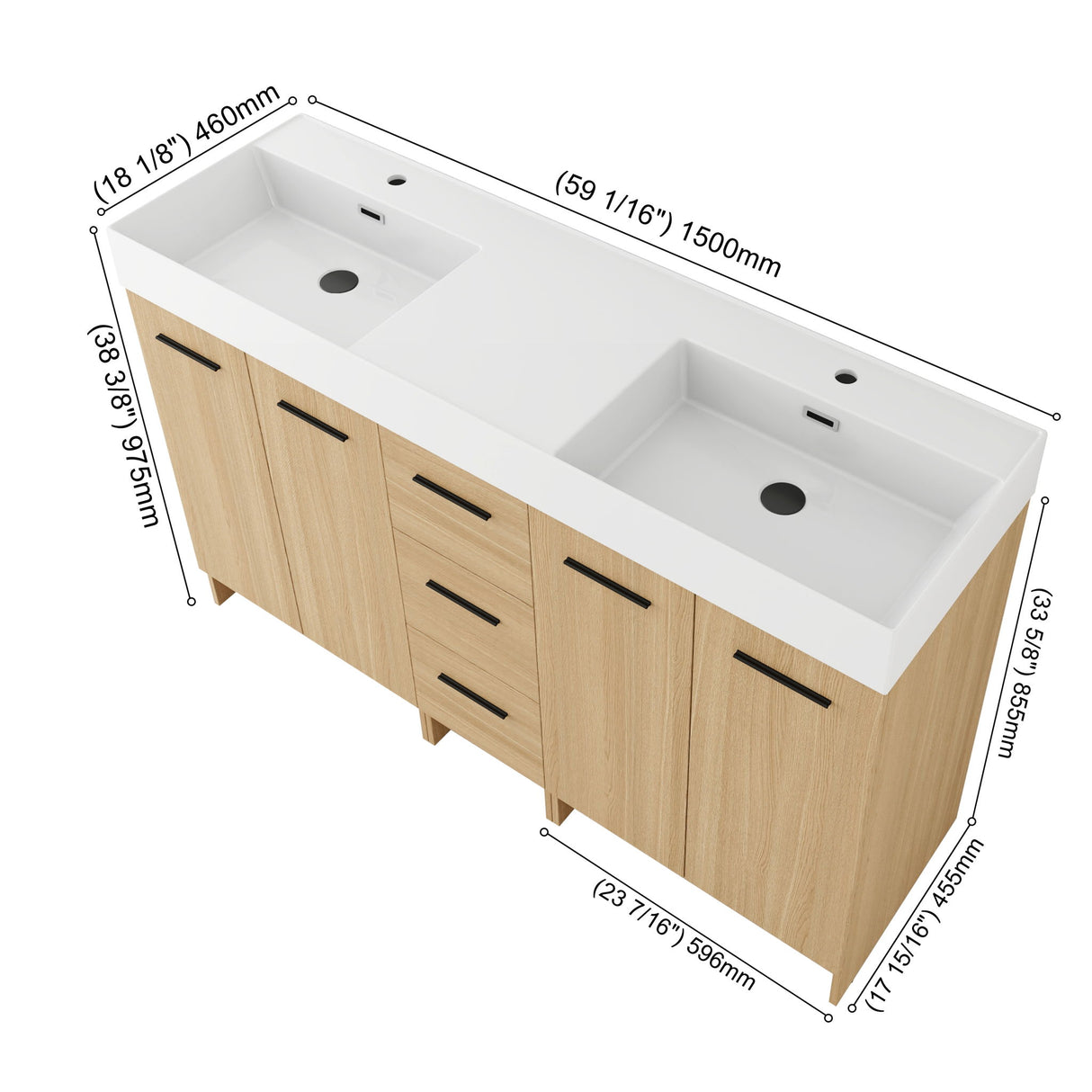 Double Sink Bathroom Vanity Set With Tall Linen Cabinet, 3 Drawers, Extra Large Storage, Integrated Sink, Freestanding Cabinet - Light Oak / White